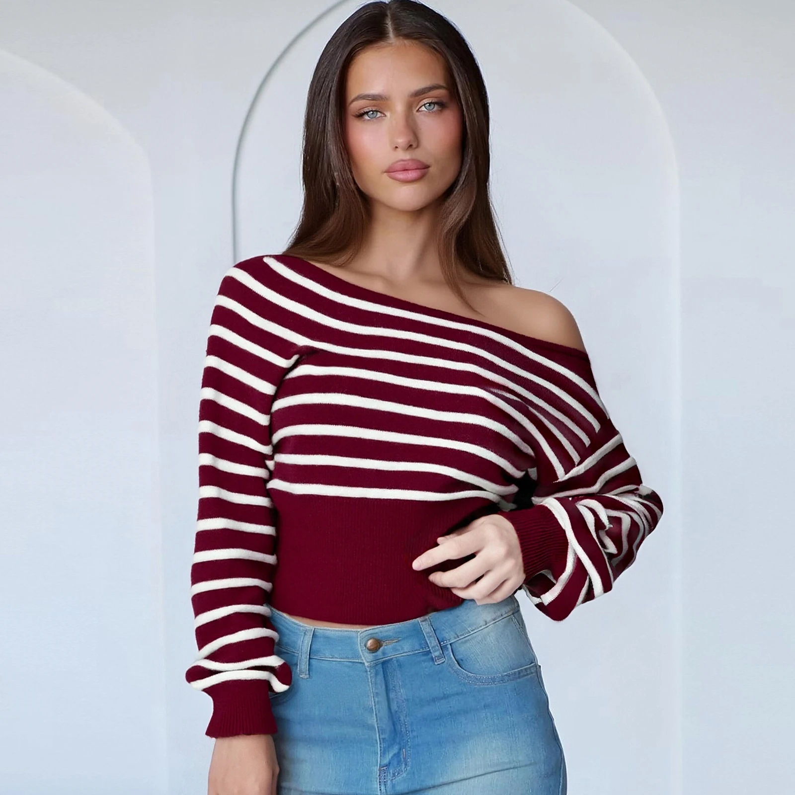 Off Shoulder Long Sleeve Stripes Print Pullovers Loose Fit Casual Tops Women Spring Fall Knitted Sweaters
Off Shoulder Long Sleeve Stripes Print Pullovers Loose Fit Casual Tops Women Spring Fall Knitted Sweaters