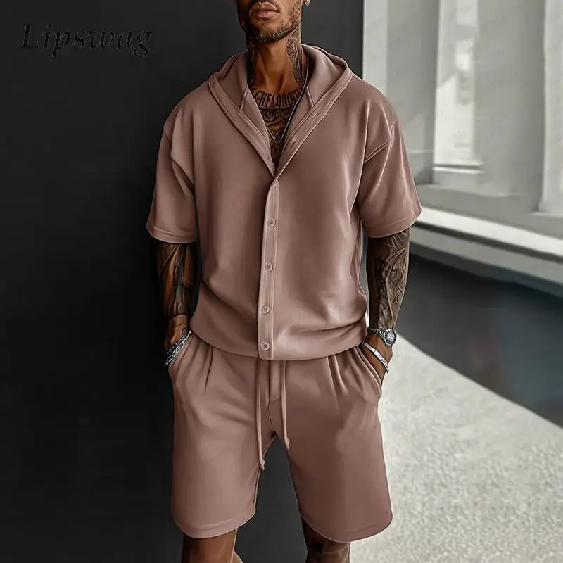 Streetwear Fashion Mens Outfits Short Sleeve Button-up Hooded Shirts And Shorts Men Two Pieces Sets Summer Vintage Loose Suits
Streetwear Fashion Mens Outfits Short Sleeve Button-up Hooded Shirts And Shorts Men Two Pieces Sets Summer Vintage Loose Suits
