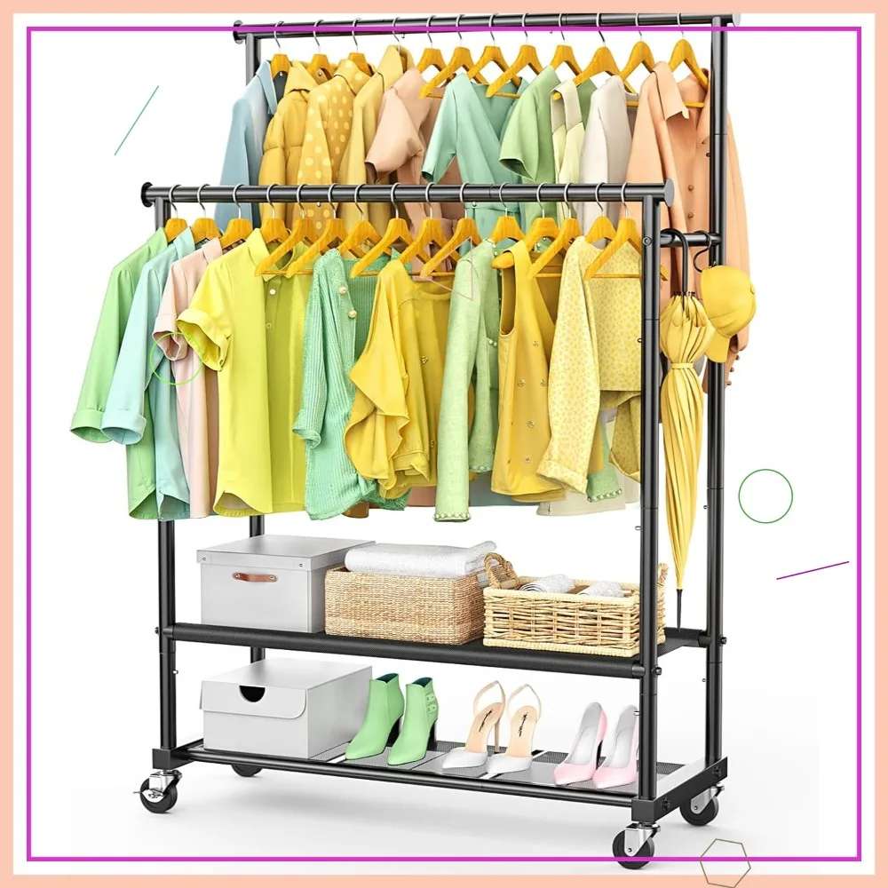 Heavy Duty Double Rods Clothes Rack on Wheels, Freestanding Garment Rack with Mesh & Oxford Shelves for Bedroom Laundry
Heavy Duty Double Rods Clothes Rack on Wheels, Freestanding Garment Rack with Mesh & Oxford Shelves for Bedroom Laundry
