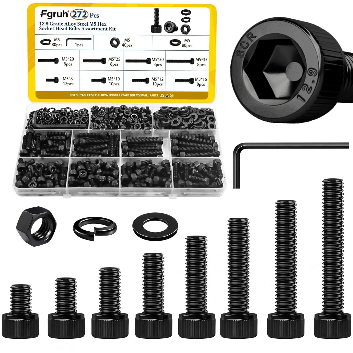 272PCS M5 Screws, Nuts, Washers Assortment Kit with Hex Socket Head Bolts in 8 Sizes - 12.9 Alloy Steel, Black Zinc Plated
272PCS M5 Screws, Nuts, Washers Assortment Kit with Hex Socket Head Bolts in 8 Sizes - 12.9 Alloy Steel, Black Zinc Plated