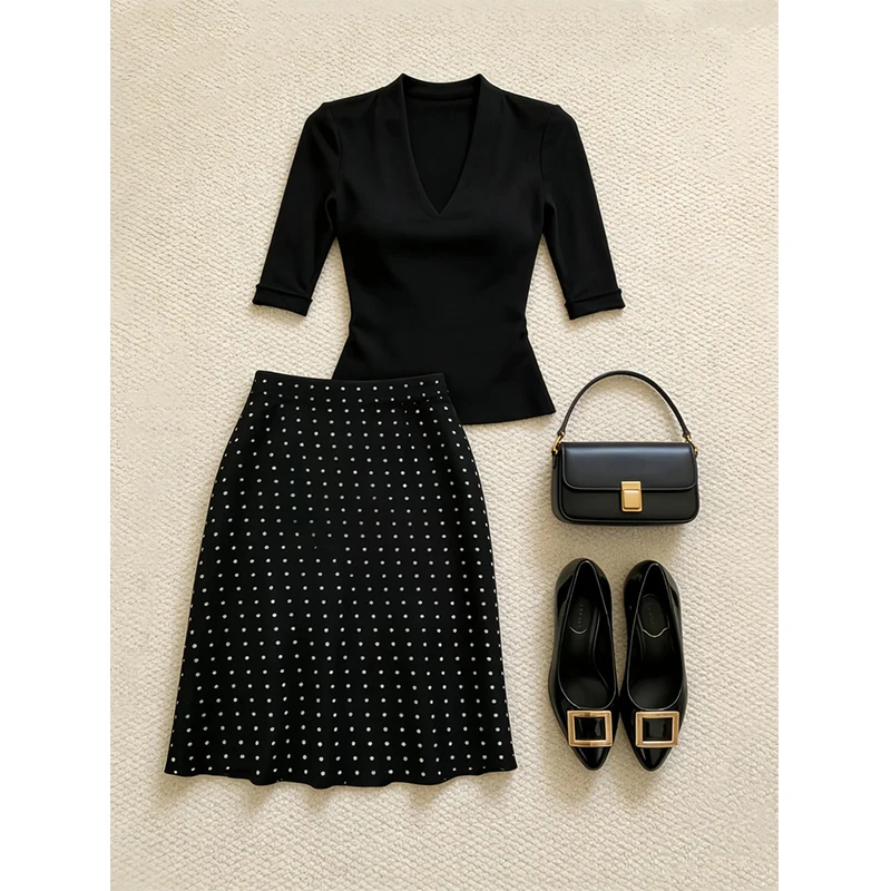 Black Slim Fit Short Sleeve Top And Half Skirt Two Piece Set for Women Vintage Polka Dot Waist Cinched Summer Fashion Outfit
Black Slim Fit Short Sleeve Top And Half Skirt Two Piece Set for Women Vintage Polka Dot Waist Cinched Summer Fashion Outfit
