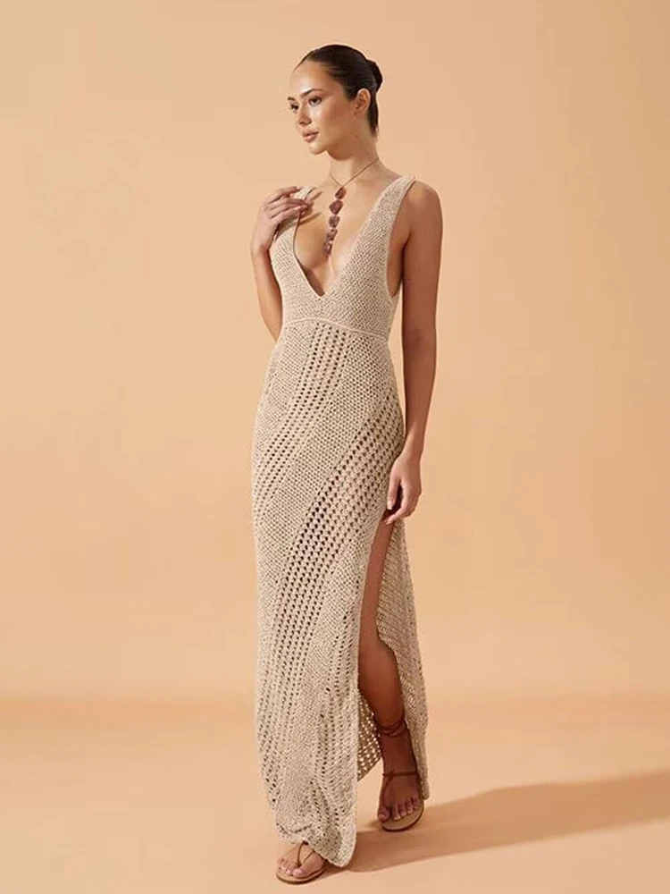 Beachwear Sexy Deep V Neck Hollow Knit Cut Out Slit Beach Maxi Dress Women Swimsuit Bikini Cover Up Chic Party Dresses Tunic
Beachwear Sexy Deep V Neck Hollow Knit Cut Out Slit Beach Maxi Dress Women Swimsuit Bikini Cover Up Chic Party Dresses Tunic