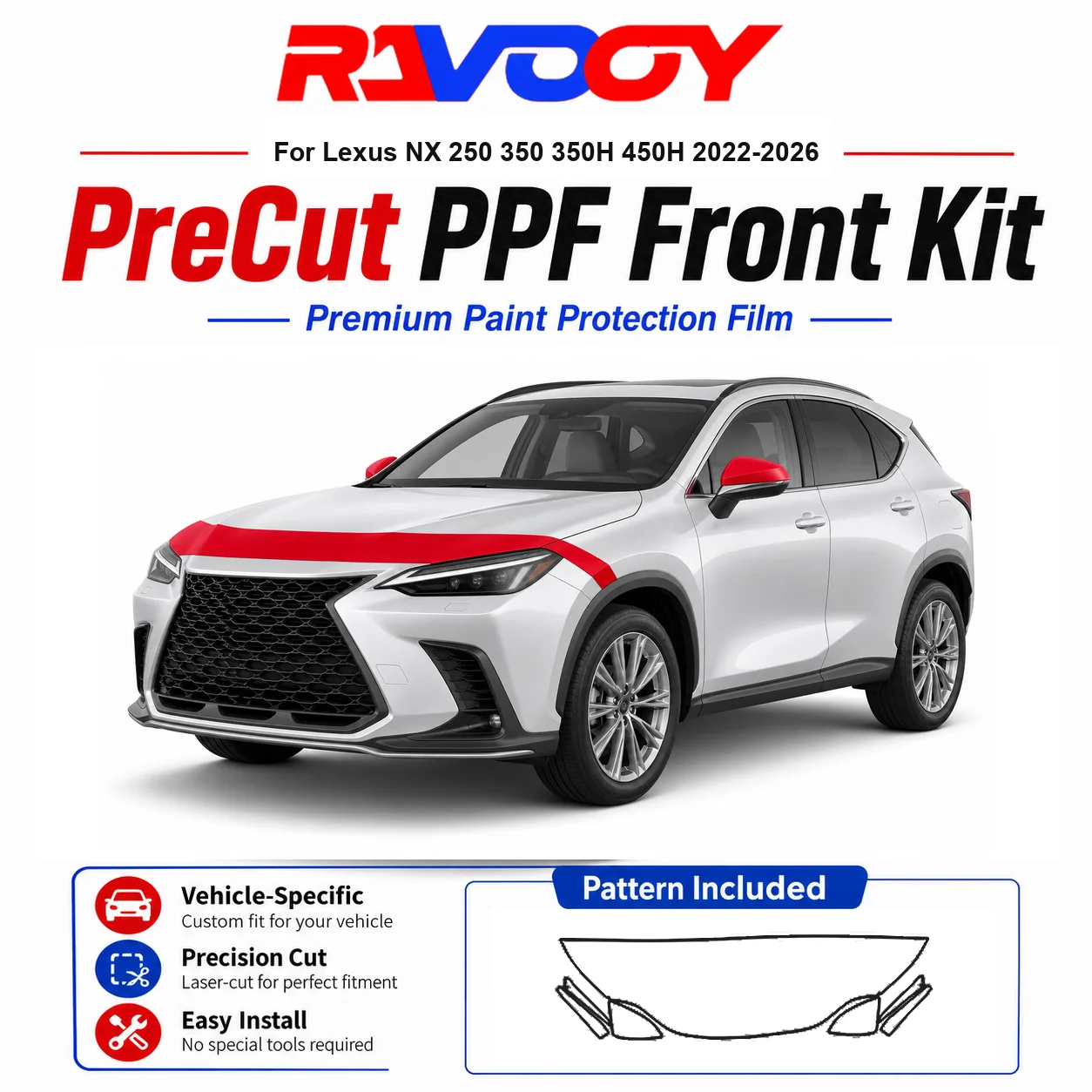 8.5mil TPU Precut PPF Kit For Lexus NX 250 350 350H 450H 2022-2026 - Hood, Fenders & Mirror Set - Self-Healing Clear Bra Film
8.5mil TPU Precut PPF Kit For Lexus NX 250 350 350H 450H 2022-2026 - Hood, Fenders & Mirror Set - Self-Healing Clear Bra Film