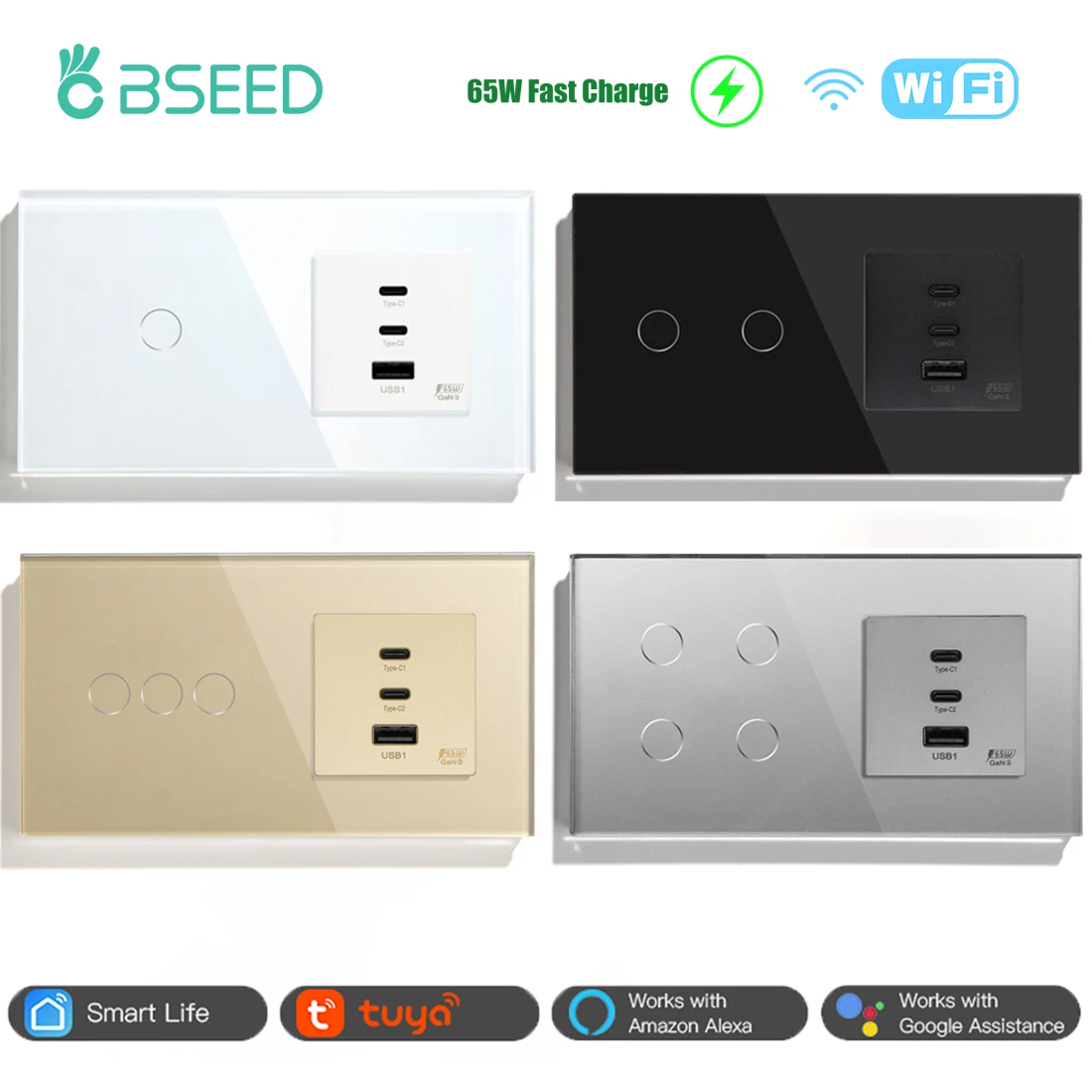 BSEED Wi-Fi выключатели света умный настенный сенсорный переключатель 1/2/3/4Gang 2Way с розеткой для быстрой зарядки 65W поддержка Tuya Smart Life Control
BSEED Wi-Fi выключатели света умный настенный сенсорный переключатель 1/2/3/4Gang 2Way с розеткой для быстрой зарядки 65W поддержка Tuya Smart Life Control