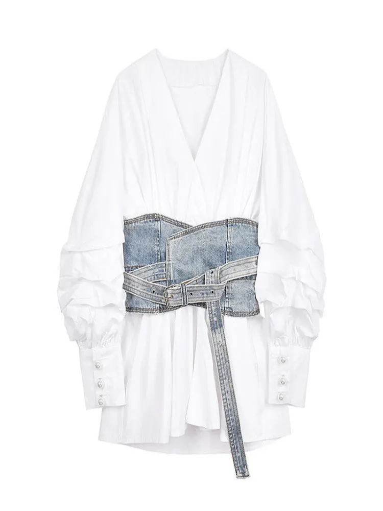 Women White Denim Split Temperament Blouse New Lapel Long Lantern Sleeve Loose Fit Shirt Fashion Spring Autumn 2022
Women White Denim Split Temperament Blouse New Lapel Long Lantern Sleeve Loose Fit Shirt Fashion Spring Autumn 2022