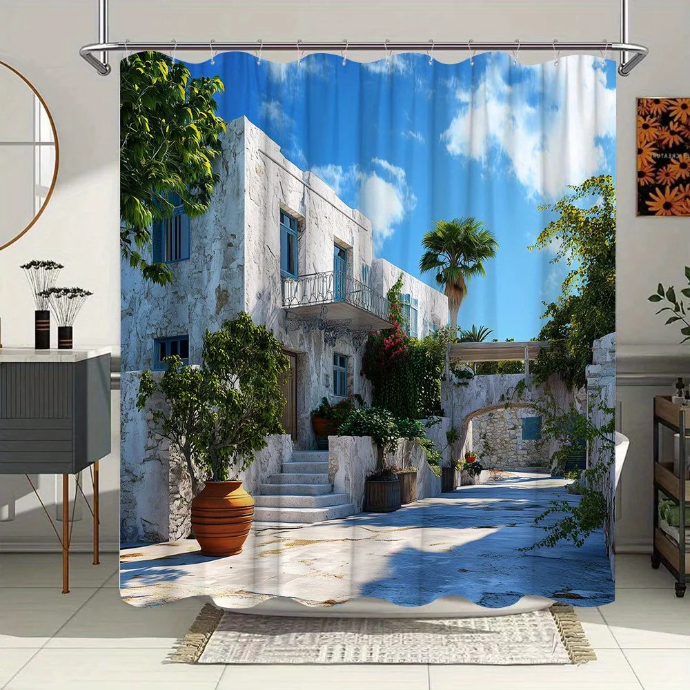 One Piece of Mediterranean Villa Shower Curtain Featuring White Stucco Walls, Blue Shutters, a Rustic Wooden Door, Palm Trees,
One Piece of Mediterranean Villa Shower Curtain Featuring White Stucco Walls, Blue Shutters, a Rustic Wooden Door, Palm Trees,