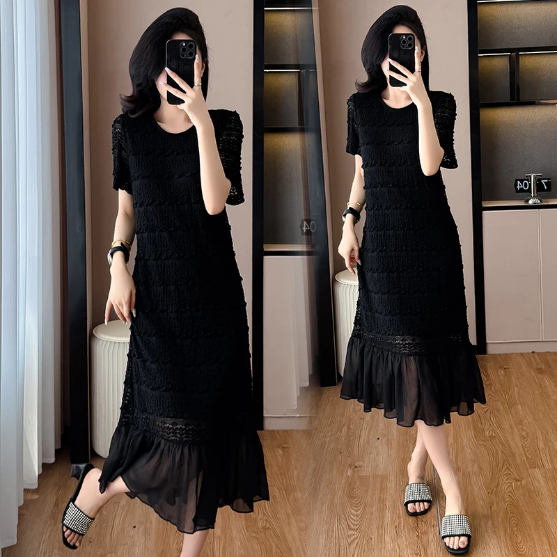 Elegant round Neck Lace Texture Dress Women's Summer plus Size Slimming Black Dress High-End Luxury Fashionable Gown
Elegant round Neck Lace Texture Dress Women's Summer plus Size Slimming Black Dress High-End Luxury Fashionable Gown