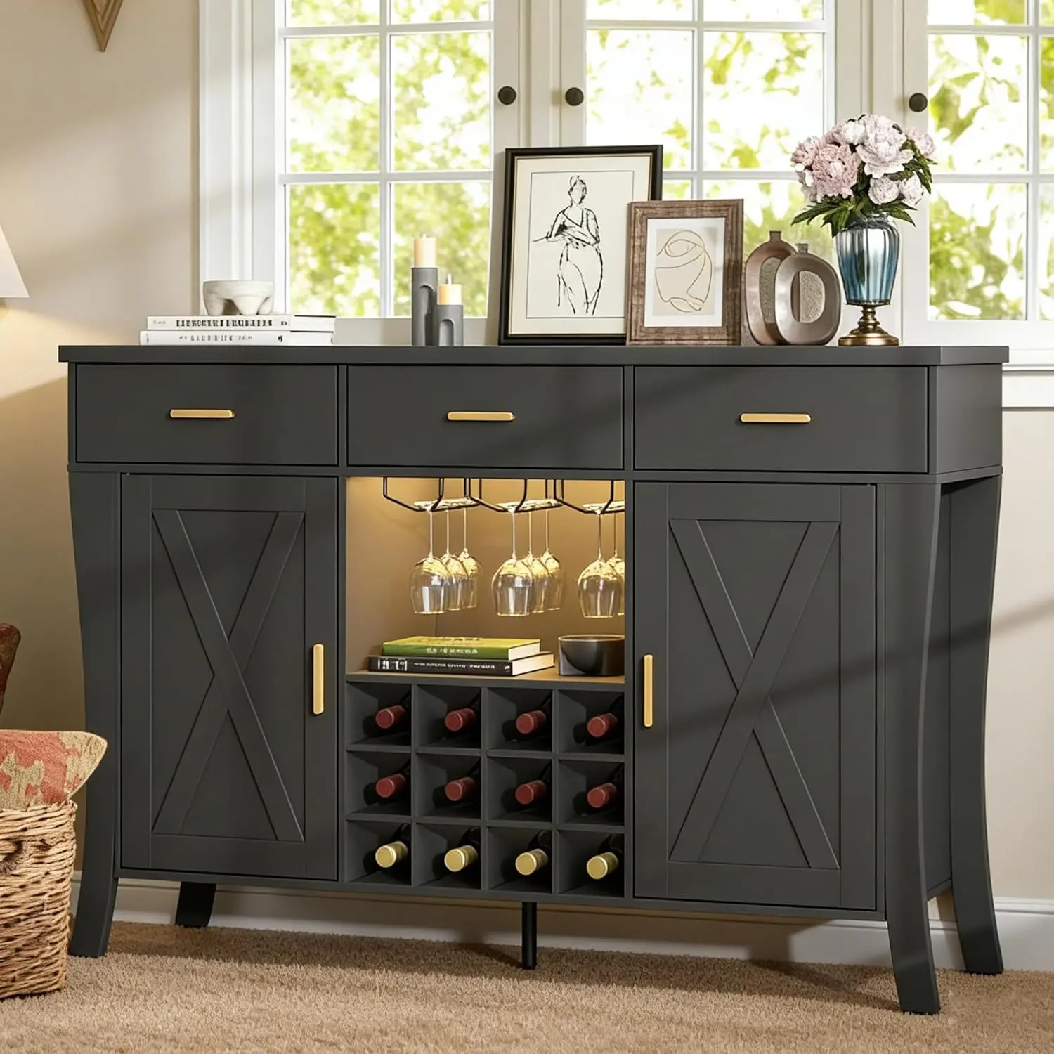 Wine Bar Cabinet with Led Light - Kitchen Buffet Side Board Storage Cabinet w/ Wine and Glass Rack, Farmhouse Black, Customized
Wine Bar Cabinet with Led Light - Kitchen Buffet Side Board Storage Cabinet w/ Wine and Glass Rack, Farmhouse Black, Customized