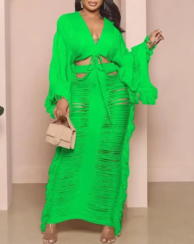Two Piece Sets Womens Outifits Summer Fashion Hollow Out V-Neck Long Sleeve Crop Top & Sexy Plain Maxi Daily Skirt Set
Two Piece Sets Womens Outifits Summer Fashion Hollow Out V-Neck Long Sleeve Crop Top & Sexy Plain Maxi Daily Skirt Set