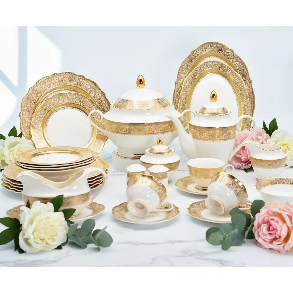 98-Piece embossed real gold luxury porcelain tableware bone china royal wedding style tableware can be placed in the dishwasher
98-Piece embossed real gold luxury porcelain tableware bone china royal wedding style tableware can be placed in the dishwasher
