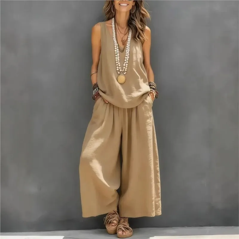 Women's Solid Color Pants Set 2026 Summer Sleeveless Tank Top + Wide-leg Pants 2-piece Set Loose Women's Clothing Trousers Suit
Women's Solid Color Pants Set 2026 Summer Sleeveless Tank Top + Wide-leg Pants 2-piece Set Loose Women's Clothing Trousers Suit