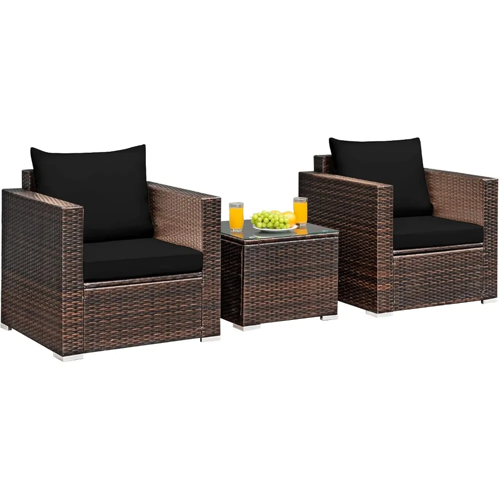 3 Pieces Patio Furniture Set, Outdoor Conversation Rattan Furniture Set w/Washable Cushion and Tempered Glass Tabletop, PE Ratt 
3 Pieces Patio Furniture Set, Outdoor Conversation Rattan Furniture Set w/Washable Cushion and Tempered Glass Tabletop, PE Ratt