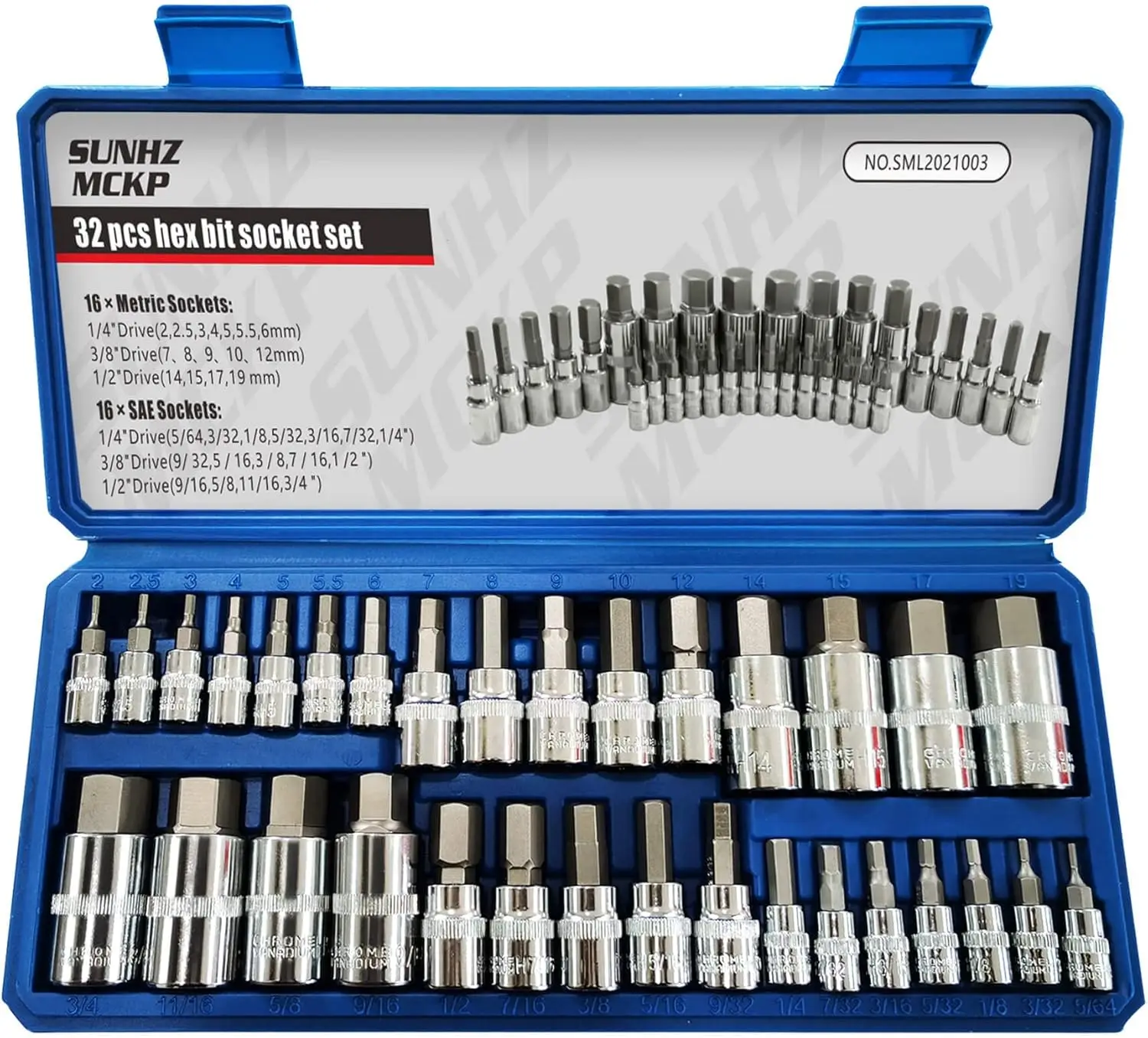 Набор торцевых головок SUNHZMCKP, 32 предмета, с креплением 1/4, 3/8 и 1/2 дюйма, включая полный набор размеров SAE и метрических.
Набор торцевых головок SUNHZMCKP, 32 предмета, с креплением 1/4, 3/8 и 1/2 дюйма, включая полный набор размеров SAE и метрических.