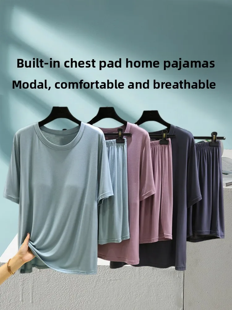 Women's Modal Home Clothes Set Summer Short Sleeve Loose Thin Two-Piece Suit with Chest Pad Can Be Worn outside Sleepwear
Women's Modal Home Clothes Set Summer Short Sleeve Loose Thin Two-Piece Suit with Chest Pad Can Be Worn outside Sleepwear