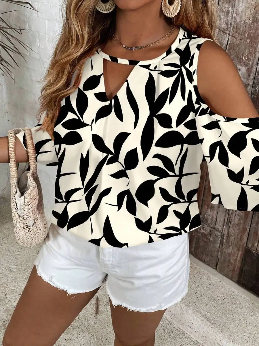 Casual Leaf Print Cold Shoulder Top With Cutout Neckline
Casual Leaf Print Cold Shoulder Top With Cutout Neckline