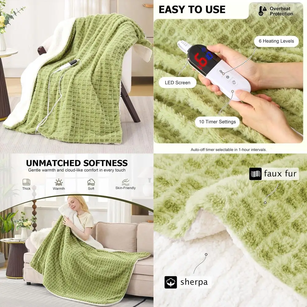 6-Level Electric Throw Blanket with 10 Timers, ETL Certified, Soft Faux Fur, Fast Warming, Washable, Perfect Gift (62x84, Green)
6-Level Electric Throw Blanket with 10 Timers, ETL Certified, Soft Faux Fur, Fast Warming, Washable, Perfect Gift (62x84, Green)