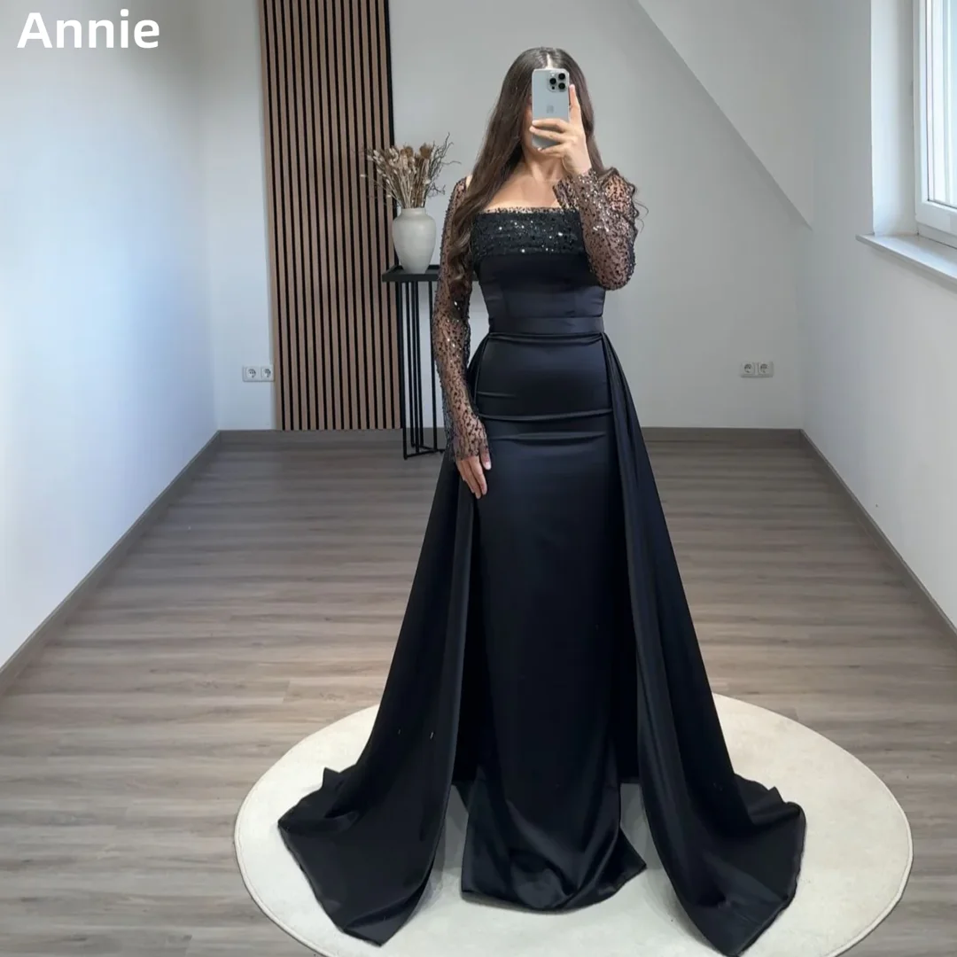 Annie Black Wedding Dress Long Sleeves With Sequin Embroidery Prom Dresses Mermaid Satin Elegant Lady فساتين سهرة Customized
Annie Black Wedding Dress Long Sleeves With Sequin Embroidery Prom Dresses Mermaid Satin Elegant Lady فساتين سهرة Customized