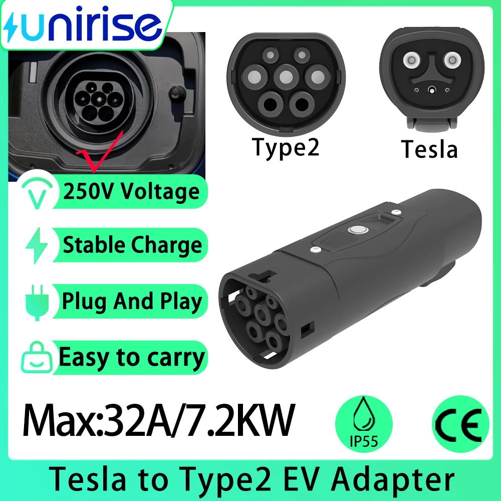 Unirise NACS to Type2 car Charging adapter 32A 7.2KW Tesla Plug to IEC 62196 converter For electric vehicles EV Type2 Charger
Unirise NACS to Type2 car Charging adapter 32A 7.2KW Tesla Plug to IEC 62196 converter For electric vehicles EV Type2 Charger