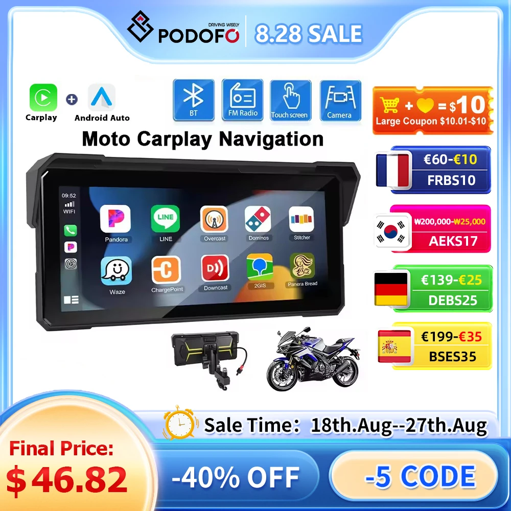 Podofo 8.1'' HD Touch Screen Motorcycle Navigation GPS Carplay Android Auto Airplay Android Cast EQ Bluetooth IP68 Waterproof
Podofo 8.1'' HD Touch Screen Motorcycle Navigation GPS Carplay Android Auto Airplay Android Cast EQ Bluetooth IP68 Waterproof