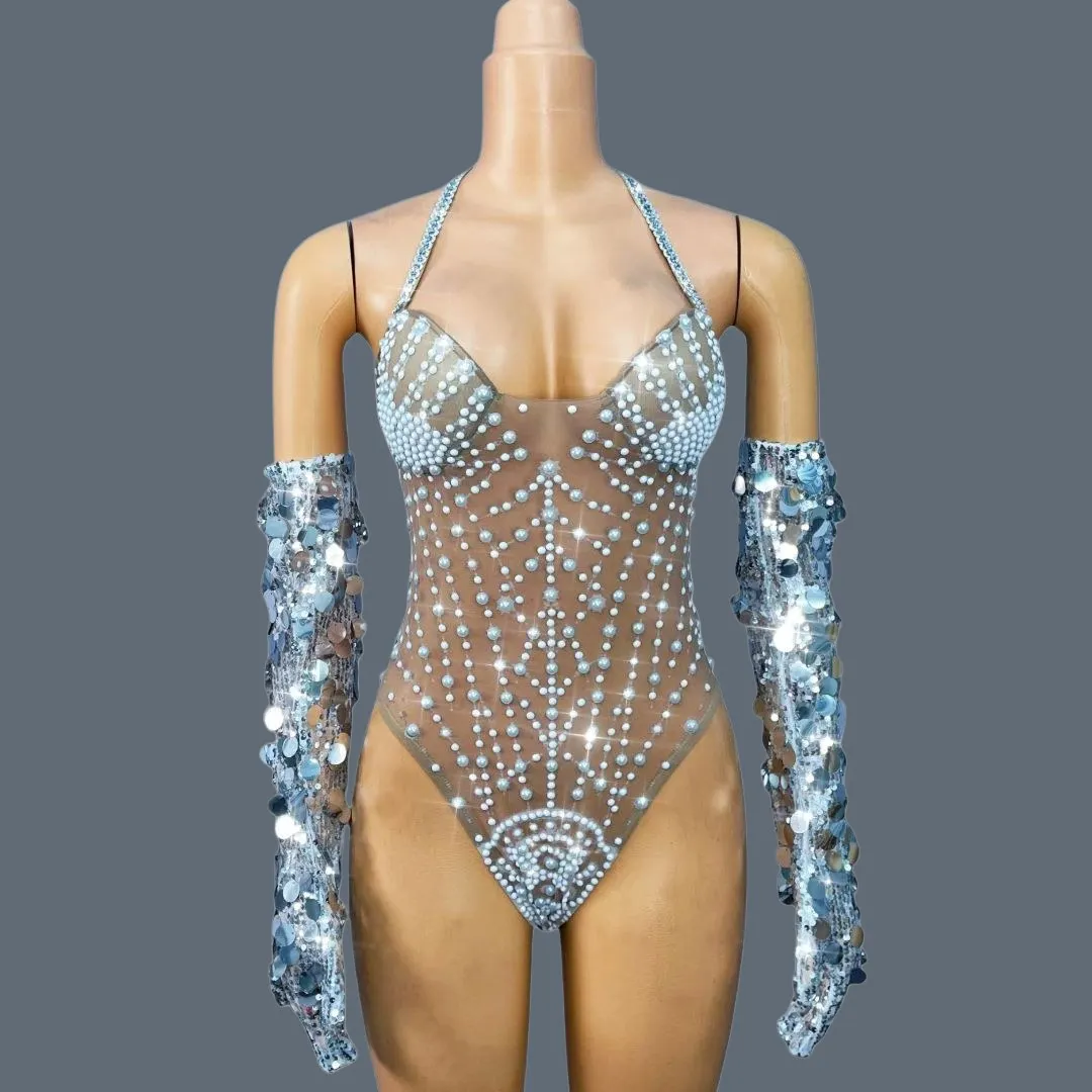 Women Sexy See Through Pearls Bodysuit Sequins Gloves Nightclub Dancer Performance Wear Low-cut Sparkly Luxury Outfit Baileihua
Women Sexy See Through Pearls Bodysuit Sequins Gloves Nightclub Dancer Performance Wear Low-cut Sparkly Luxury Outfit Baileihua