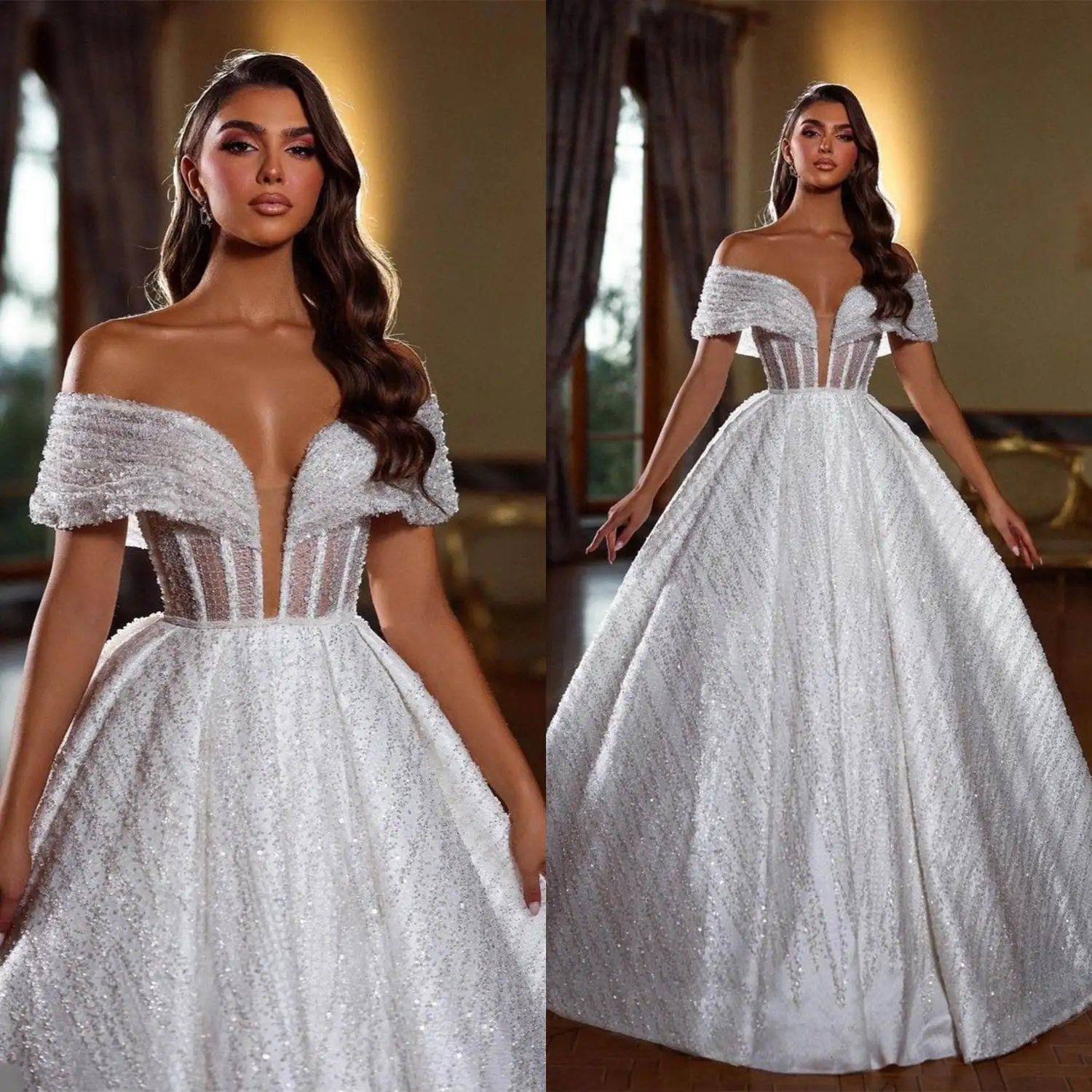 Classic A Line Women Wedding Dress Off Shoulder Sleeveless Bridal Gowns Sequins Sweep Train Dress Custom Made
Classic A Line Women Wedding Dress Off Shoulder Sleeveless Bridal Gowns Sequins Sweep Train Dress Custom Made