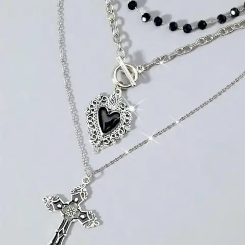 3Pcs Gothic Black Heart Cross Necklace, Y2K Punk Vintage, Daily Party Streetwear, Ideal Gift, Free Shipping