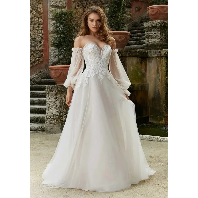 Off Shoulder Tulle Wedding Dresses for Brid Lace Applique Princess Bridal Gown Beaded Puffy Prom Evening Dress
Off Shoulder Tulle Wedding Dresses for Brid Lace Applique Princess Bridal Gown Beaded Puffy Prom Evening Dress