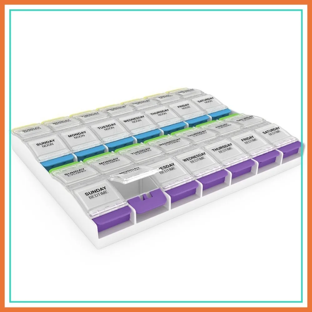 Weekly Pill Organizer 7-Day, 2X-Large Push Button Compartments, 4 Times a Day, Clear Lids, BPA Free
Weekly Pill Organizer 7-Day, 2X-Large Push Button Compartments, 4 Times a Day, Clear Lids, BPA Free