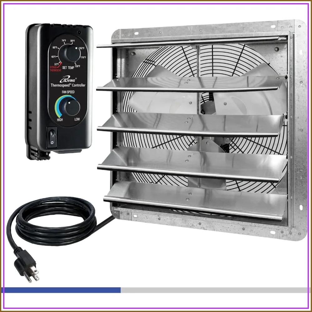 20" Wall Mounted Shutter Exhaust Fan, 3368 CFM, Variable Speed & Thermostat, 5000 sq ft Coverage
20" Wall Mounted Shutter Exhaust Fan, 3368 CFM, Variable Speed & Thermostat, 5000 sq ft Coverage