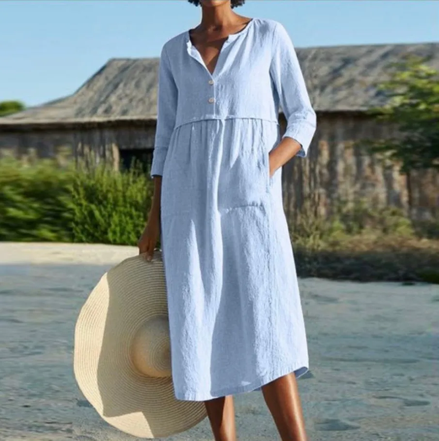 Summer Dresses Women Half Sleeve Cotton Linen O Neck Button Casual Loose Dress with Button Solid A-line Women's Dress
Summer Dresses Women Half Sleeve Cotton Linen O Neck Button Casual Loose Dress with Button Solid A-line Women's Dress