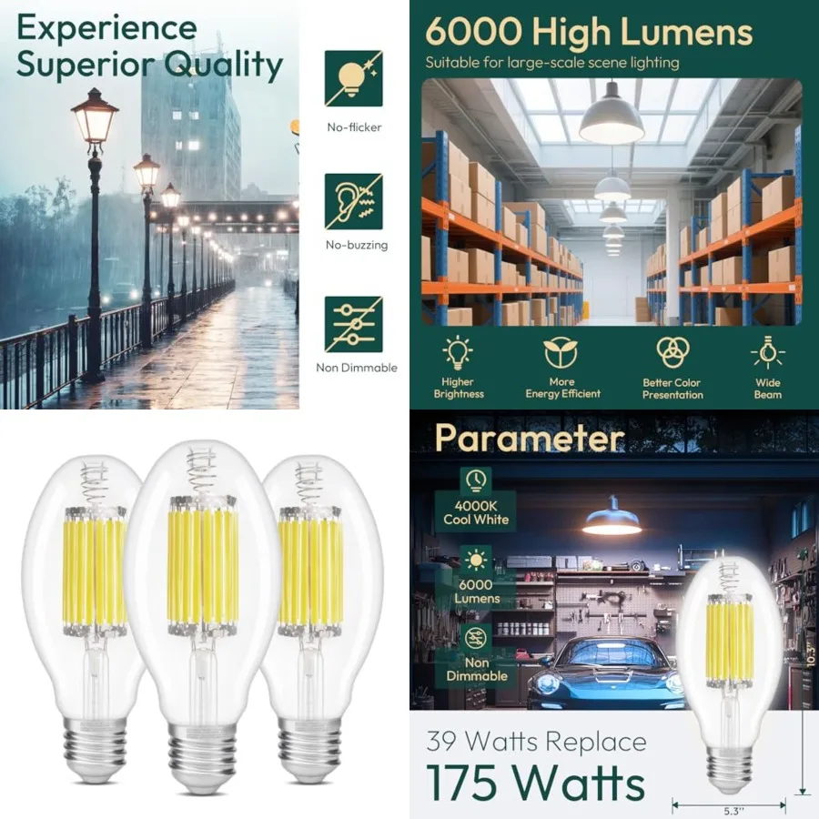 3 Pack ED28 LED Light Bulb 175W HID Equivalent, 6000LM High Brightness, 4000K Cool White, E39 Base, 39W Edison Bulb, Non-dimmab
3 Pack ED28 LED Light Bulb 175W HID Equivalent, 6000LM High Brightness, 4000K Cool White, E39 Base, 39W Edison Bulb, Non-dimmab