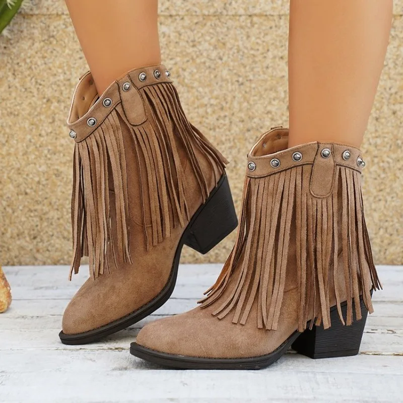 2026 Winter Women Fringes Thick Heel High Boots Suede Pointed Toe Outdoor Fashion Platform Shoes Willow Nails Pumps Women Shoes 
2026 Winter Women Fringes Thick Heel High Boots Suede Pointed Toe Outdoor Fashion Platform Shoes Willow Nails Pumps Women Shoes