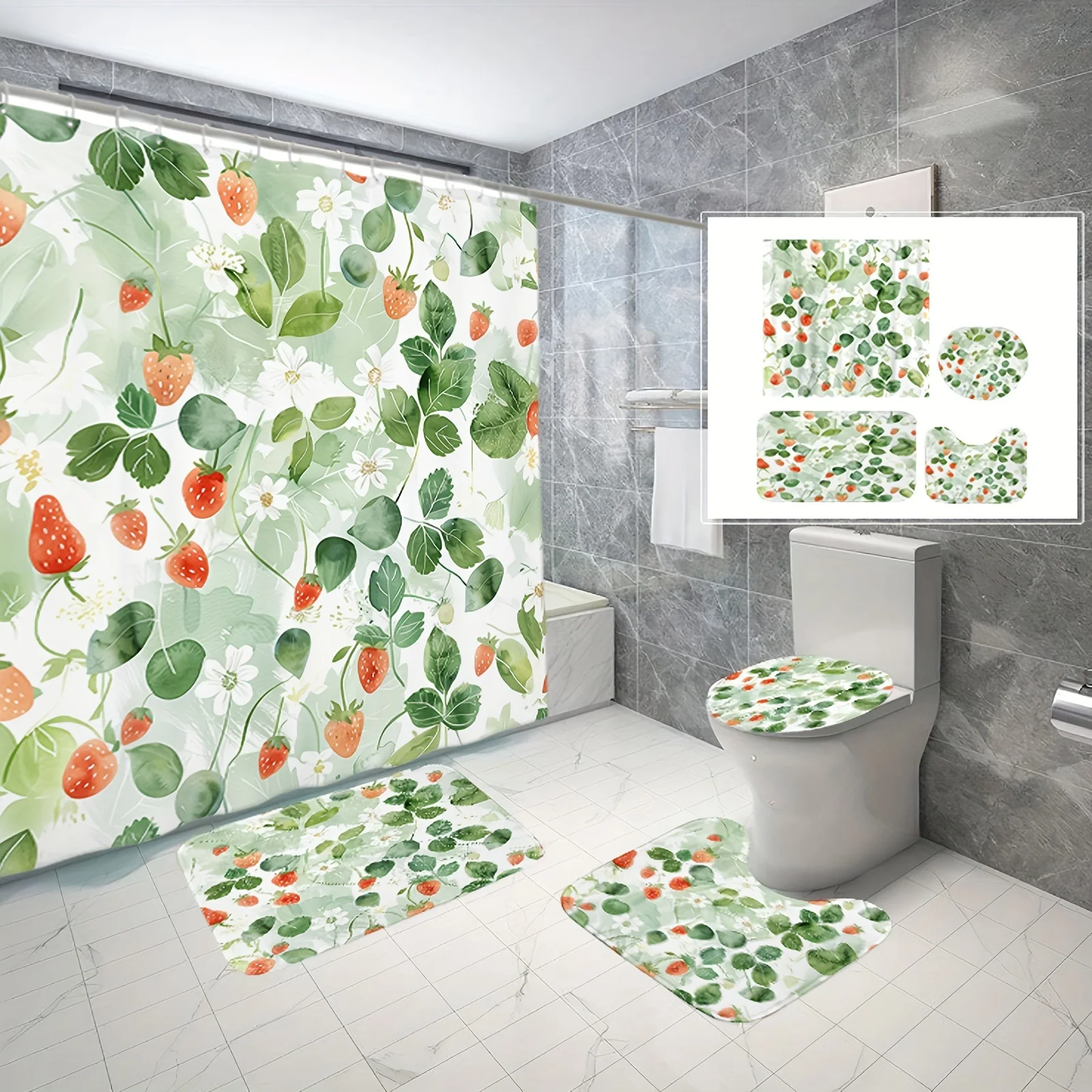 Набор для ванной комнаты с акварельным клубничным узором из 4 предметов, нескользящий коврик для ванной, сиденье для унитаза, U-образный коврик, полиэфирная ткань
Набор для ванной комнаты с акварельным клубничным узором из 4 предметов, нескользящий коврик для ванной, сиденье для унитаза, U-образный коврик, полиэфирная ткань