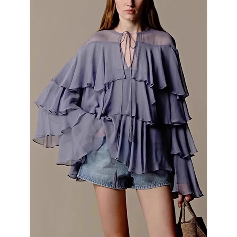 2025Autumn Breathable Vacation Style New Solid Color Ruffled Tie Chiffon Blouse Loose Long Sleeve Top Women
2025Autumn Breathable Vacation Style New Solid Color Ruffled Tie Chiffon Blouse Loose Long Sleeve Top Women