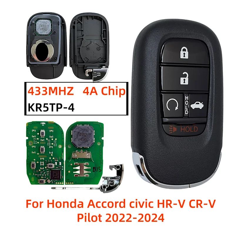 KR5TP-4 5 Buttons 433MHz 4A Chip Remote Key Fob For Honda Accord Civic HR-V CR-V Pilot 2022-2024 72147-T20-A11 A3C0775510100
KR5TP-4 5 Buttons 433MHz 4A Chip Remote Key Fob For Honda Accord Civic HR-V CR-V Pilot 2022-2024 72147-T20-A11 A3C0775510100