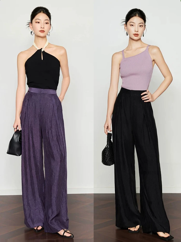 High Waist Wide Leg Straight Cut Acetate Texture Pants Draped Casual Trousers in Purple Color for Women Commute Style
High Waist Wide Leg Straight Cut Acetate Texture Pants Draped Casual Trousers in Purple Color for Women Commute Style