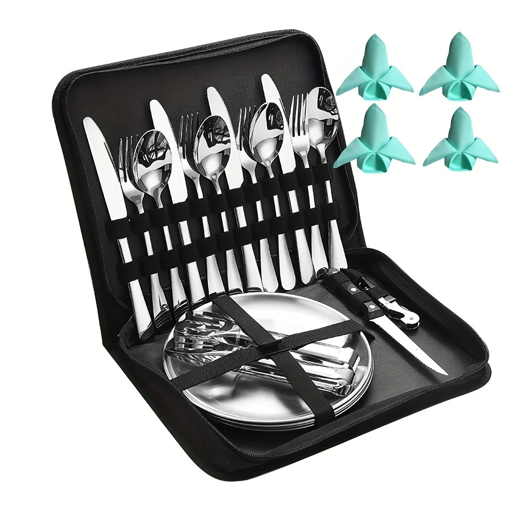 Camping Kitchen Tableware Mess Kit Cutlery For 4 Dinnerware Set - 24pcs Stainless Steel Utensils Set With Plate Spoon Fork Serrated Knife Cloth Napkins For 4, Backpacking, Outdoor Hiking Picnic
Camping Kitchen Tableware Mess Kit Cutlery For 4 Dinnerware Set - 24pcs Stainless Steel Utensils Set With Plate Spoon Fork Serrated Knife Cloth Napkins For 4, Backpacking, Outdoor Hiking Picnic