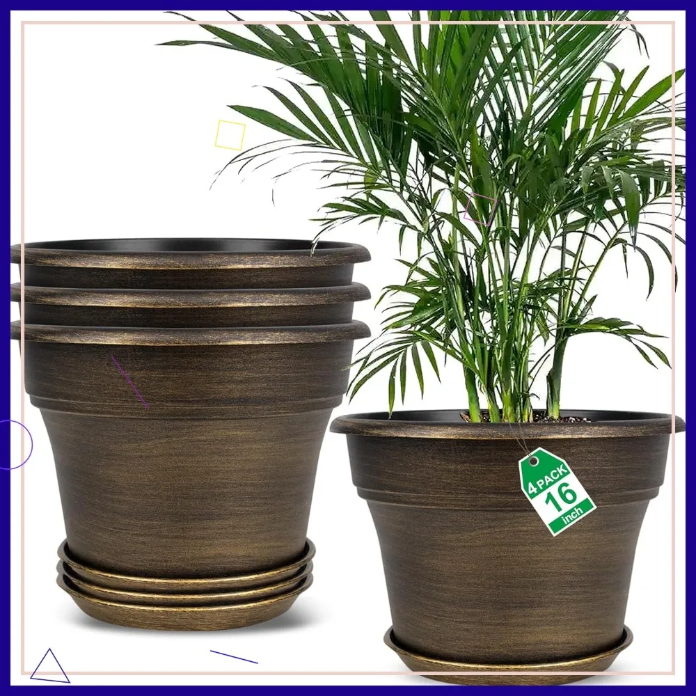 16 inch Plant Pots Outdoor Planters, 4 Pack Large Plastic Flower Pot with Drainage Holes & Saucer, Dark Gold
16 inch Plant Pots Outdoor Planters, 4 Pack Large Plastic Flower Pot with Drainage Holes & Saucer, Dark Gold