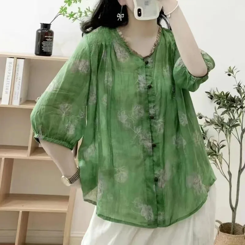 Women Vintage Floral Print Linen Blouse V Neck 3/4 Sleeve Loose Shirt
Women Vintage Floral Print Linen Blouse V Neck 3/4 Sleeve Loose Shirt