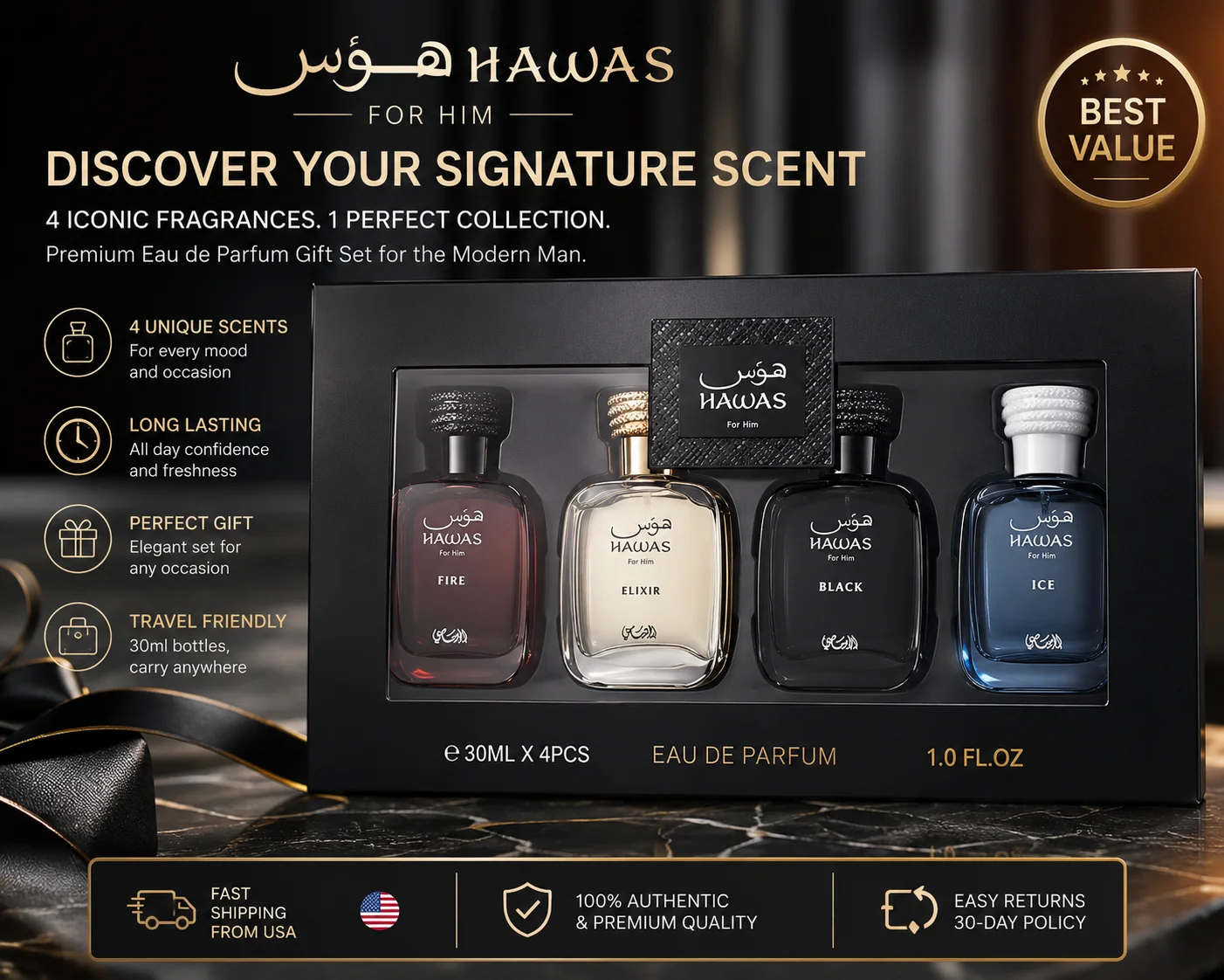 HAWAS Men's Perfume Set 4PCS 30ml - Fire Elixir Black Ice Cologne Gift Box - Long Lasting Eau De Parfum For Him Birthday Gift
HAWAS Men's Perfume Set 4PCS 30ml - Fire Elixir Black Ice Cologne Gift Box - Long Lasting Eau De Parfum For Him Birthday Gift