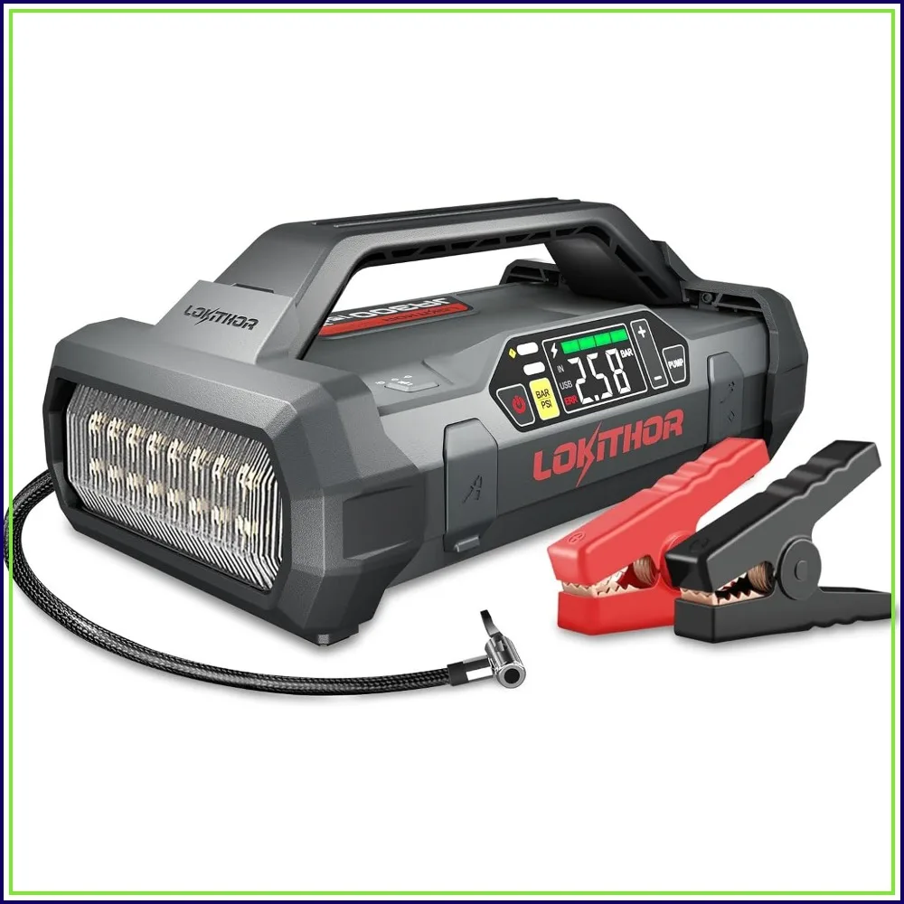 1500Amp Jump Starter with Air Compressor, 12V Portable Car Battery Booster for 7.0L Gas or 4.5L Diesel, 150 PSI Tire Inflator with Digital Screen, 24 Months Standby
1500Amp Jump Starter with Air Compressor, 12V Portable Car Battery Booster for 7.0L Gas or 4.5L Diesel, 150 PSI Tire Inflator with Digital Screen, 24 Months Standby
