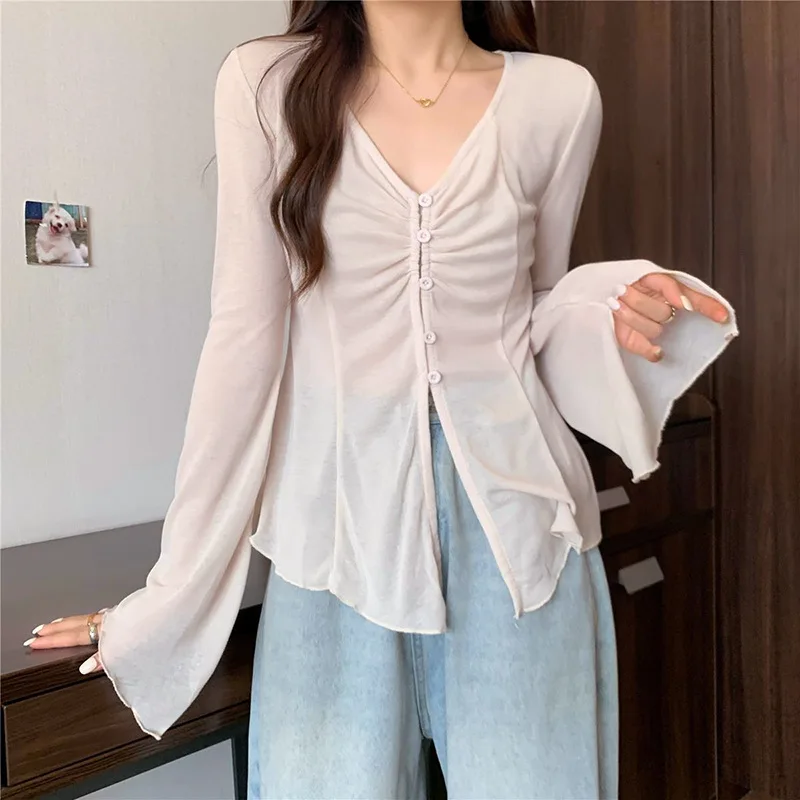2025Summer New European and American StyleVSolid Color Single-Breasted Pleated Long Sleeve Semi-Transparent Shirt PG323
2025Summer New European and American StyleVSolid Color Single-Breasted Pleated Long Sleeve Semi-Transparent Shirt PG323