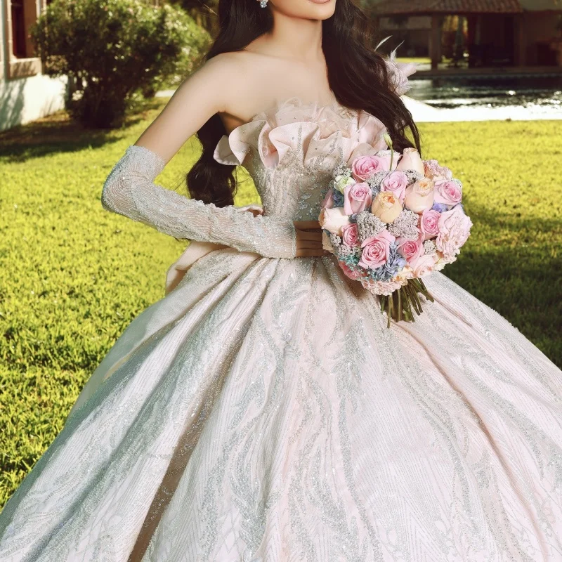 Light Pink Quinceanera Dress off-shoulder Glitter Pearl Flower Decal Long tail Bow vestidos de 15 Quinceanera Customize
Light Pink Quinceanera Dress off-shoulder Glitter Pearl Flower Decal Long tail Bow vestidos de 15 Quinceanera Customize