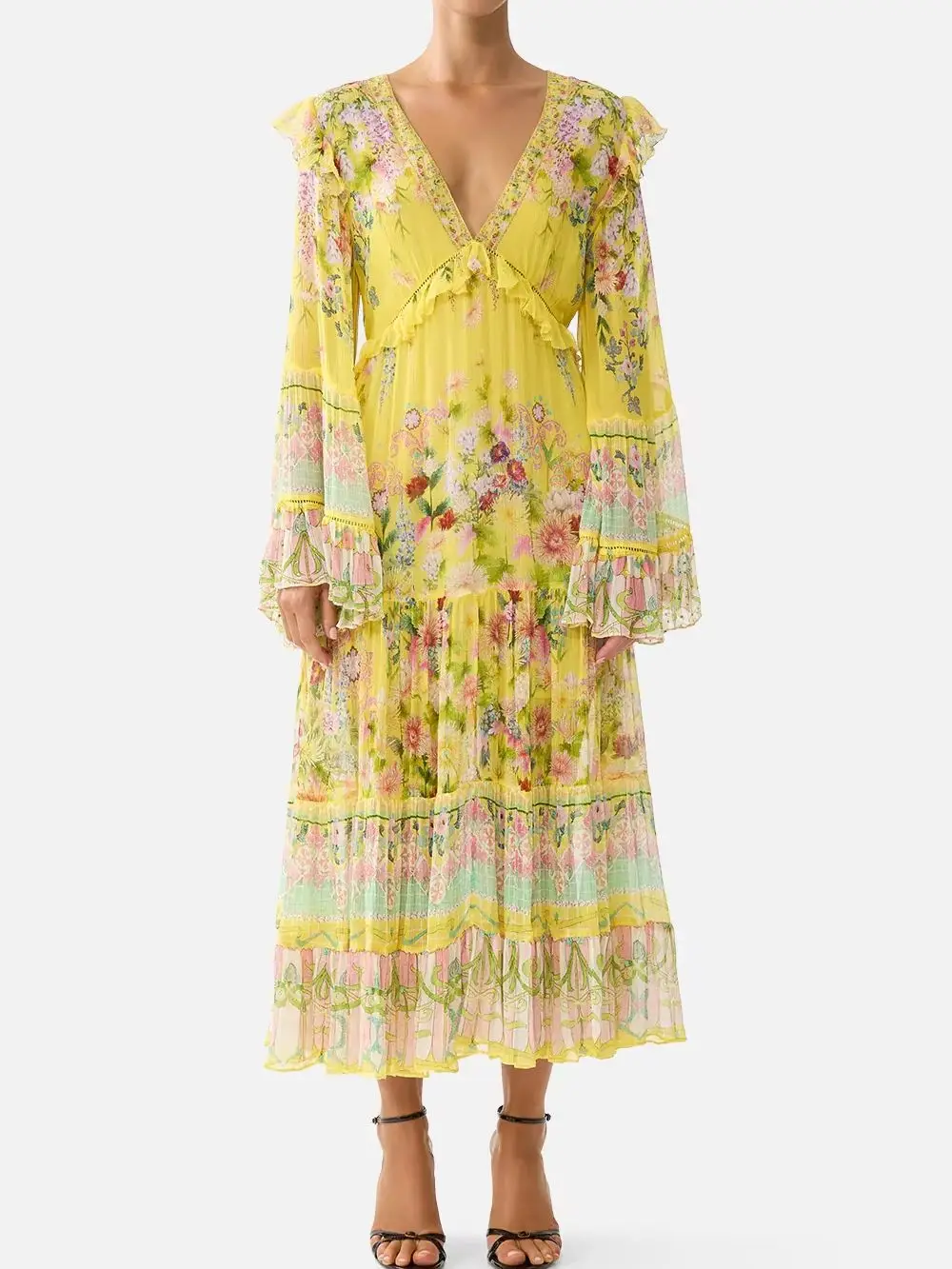 2026 Ladies Crystal Beaded Yellow Dresses 100% Silk Ruffles Spliced Flare Sleeve V-Neck Hollow Out High Waist Loose Long Dress
2026 Ladies Crystal Beaded Yellow Dresses 100% Silk Ruffles Spliced Flare Sleeve V-Neck Hollow Out High Waist Loose Long Dress