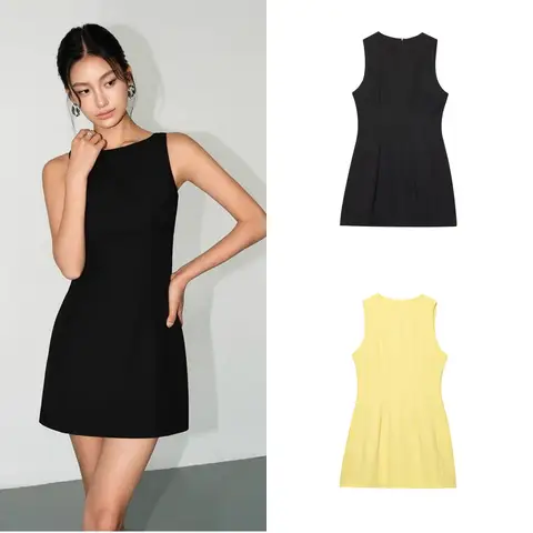 ETJ2025 summer new  women's ZW series elegant simple classic puffy round neck sleeveless waist short dress