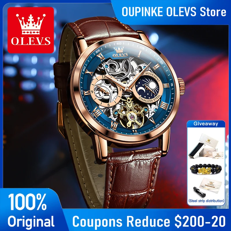 OLEVS 6670 Mens Watch Skeleton Flywheel Mechanical Watch Leather Strap Moon Phase Watches For Man Gifts Luxury Original Reloj
OLEVS 6670 Mens Watch Skeleton Flywheel Mechanical Watch Leather Strap Moon Phase Watches For Man Gifts Luxury Original Reloj