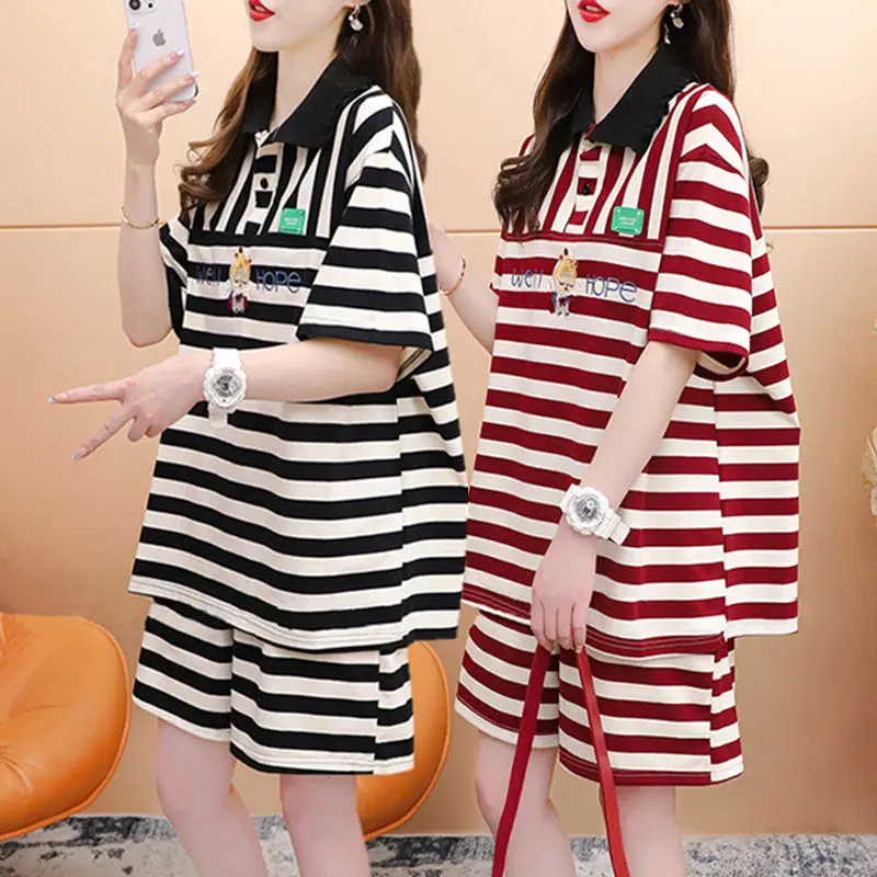 Casual Striped Two-piece Suit Ladies Loose O-neck Straight Women Clothing Short Sleeve Pullovers Summer Elastic Waist Sweatpants
Casual Striped Two-piece Suit Ladies Loose O-neck Straight Women Clothing Short Sleeve Pullovers Summer Elastic Waist Sweatpants