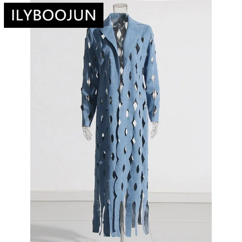 Женское джинсовое пальто ILYBOOJUN, однотонное ажурное пальто с отложным воротником и длинным рукавом, женское модное пальто с кисточками
Женское джинсовое пальто ILYBOOJUN, однотонное ажурное пальто с отложным воротником и длинным рукавом, женское модное пальто с кисточками