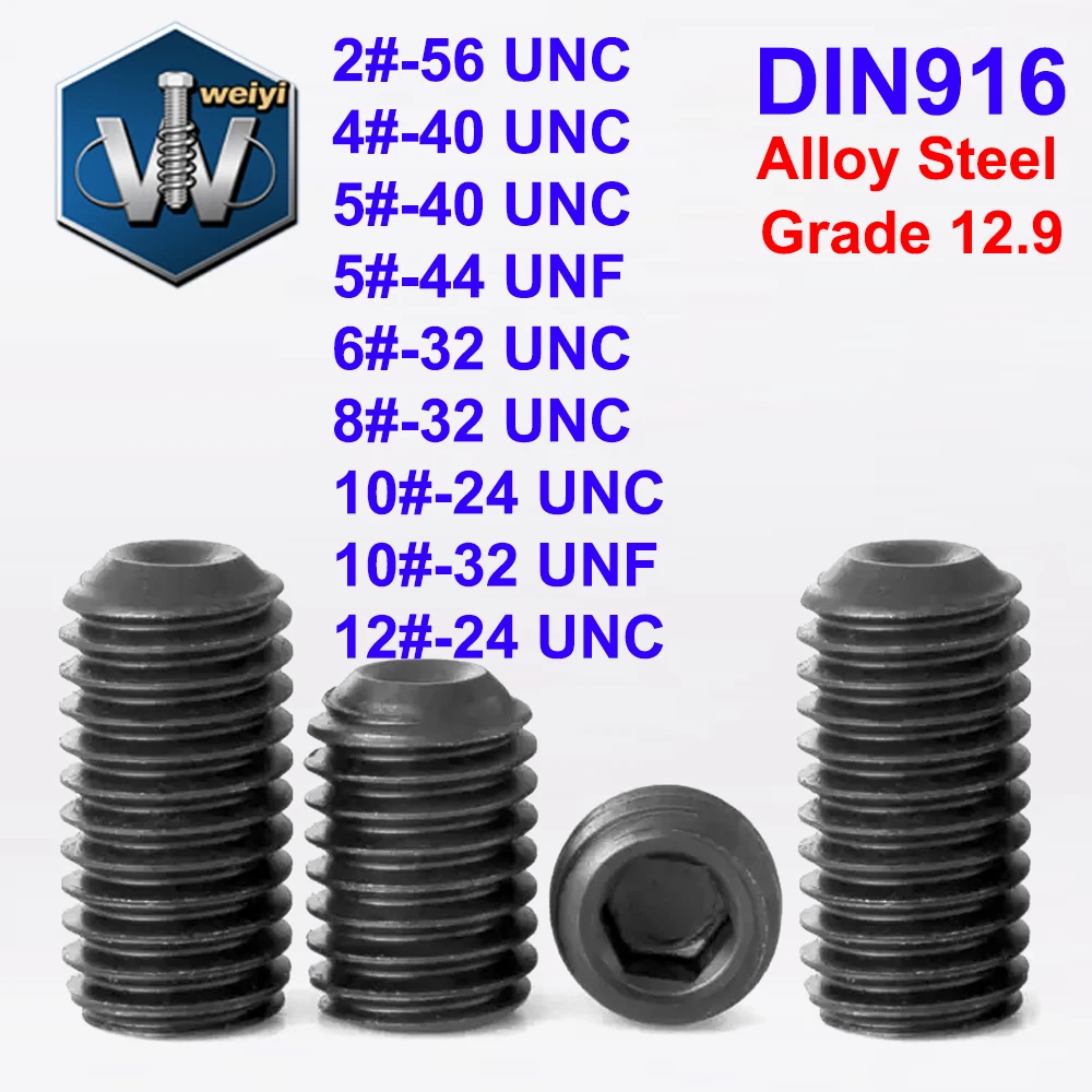 Weiyi DIN916 2# 4# 6# 8# 10# 12# UNC UNF Grade 12.9 Alloy Steel Hex Socket Set Screws with Cup Point Headless Grub Bolts
Weiyi DIN916 2# 4# 6# 8# 10# 12# UNC UNF Grade 12.9 Alloy Steel Hex Socket Set Screws with Cup Point Headless Grub Bolts