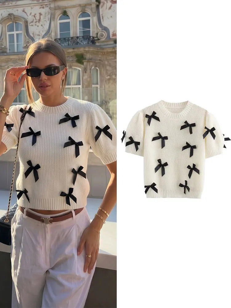 HH Womens Trendy Bow Decoration Cropped Knitted Pullover White Top Slim Short Sleeve Sweater Spring Casual O Neck Streetwear
HH Womens Trendy Bow Decoration Cropped Knitted Pullover White Top Slim Short Sleeve Sweater Spring Casual O Neck Streetwear